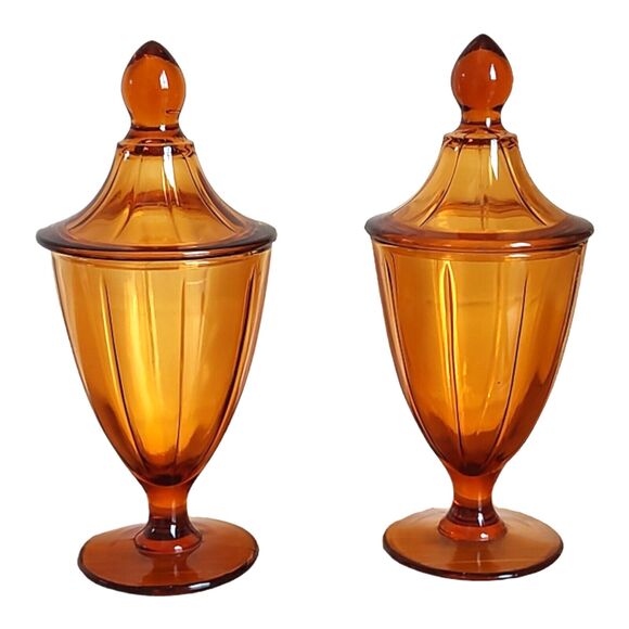 Vintage Mid Century Cambridge Amber Glass Compote Candy Dishes Pair - 8.5" Tall - Picture 2 of 14